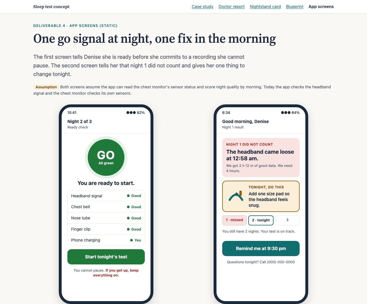 Two phone screens: a green GO fit check for night 2, and a morning result saying night 1 did not count with the fix: add one size pad.